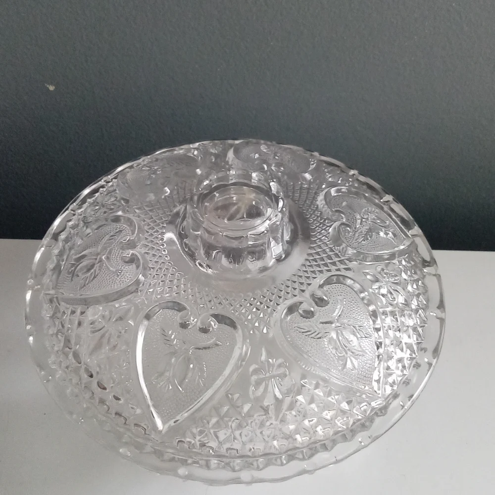 Clear Crystal Glass Footed Bowl With Dome Shape Lid Heart Etched Vintage Serving